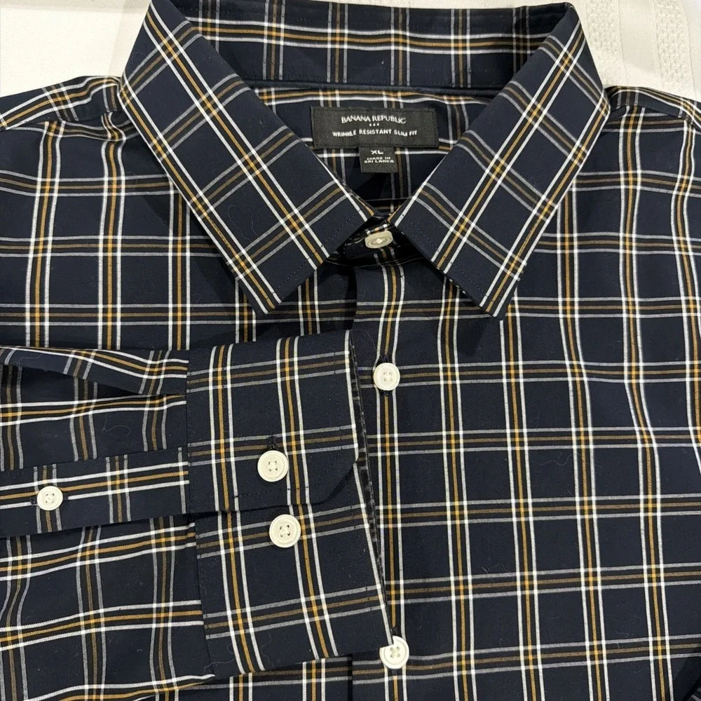 Banana Republic Mens XL Slim Fit Wrinkle Resistant Plaid Button Down Shirt Navy